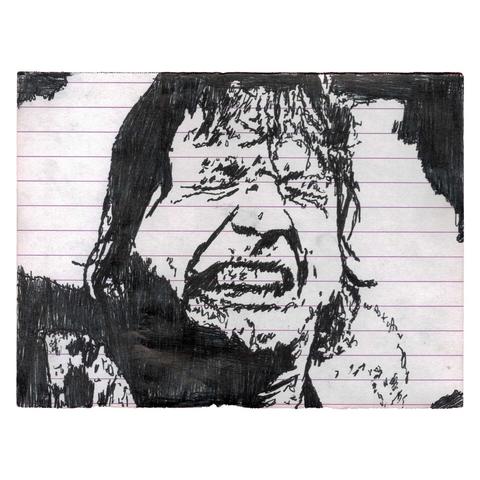 Pen drawing of Roddy Piper with a pained expression on his face drawn on a torn notebook page.