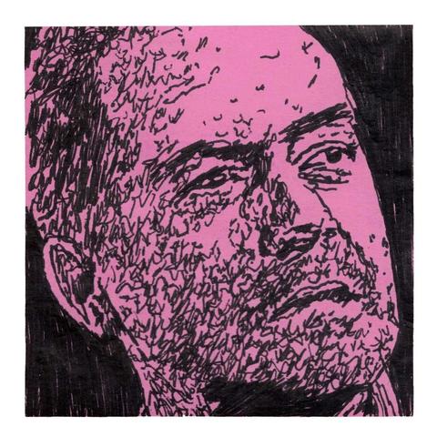 Pen drawing of a man looking off to the right distrurbed drawn on a pink Post-It note,