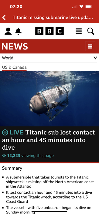 Screenshot of live update BBC page ok submarine Titanic story