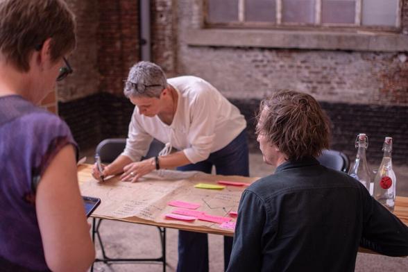 Mensen die brainstormen op een groot blad papier