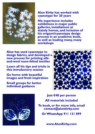 Details of cyanotype workshop, with cyanotype images of leaves, abstract and pea shoots. Please message Alun for all the information in accessible format