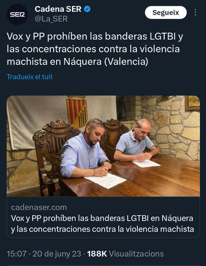 PP y Vox prohíben las banderas LGTBI+ y las concentraciones en contra de la violencia machista. Nos quieren de vuelta en el armario y en casa con la pata quebrada.