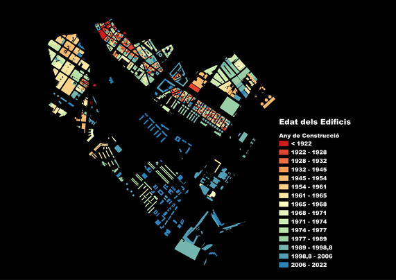 Mapa que mostra l'any de construcció dels edificis de Sant Adrià de Besòs (Barcelona)