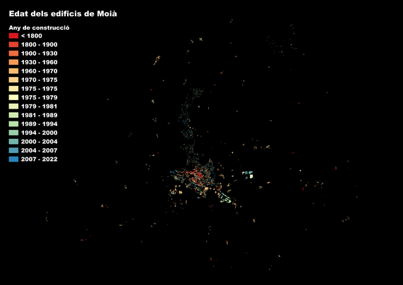 Mapa que mostra l'any de construcció dels edificis de Moià (Barcelona)