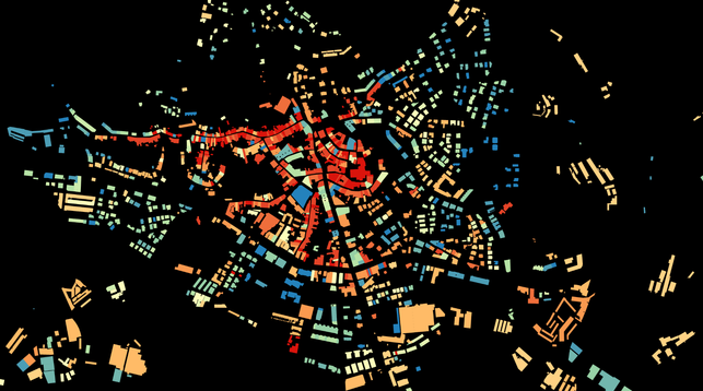 Detall del mapa que mostra l'any de construcció dels edificis (part centre) de Moià (Barcelona)