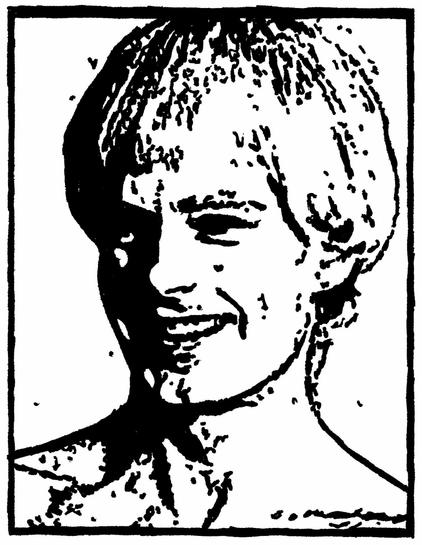Pen drawing of Peter Hinwood standing shirtless and smiling drawn on a white background with an unhewn border