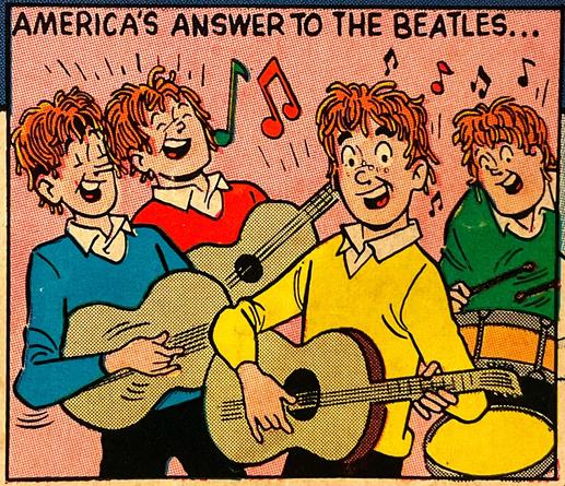 AMERICA’S ANSWER TO THE BEATLES…

Jughead Jones playing guitar in a white-collared shirt and a blue sweater, Reggie Mantle playing guitar in a white-collared shirt and a red sweater, Archie Andrews playing guitar in a white-collared shirt and a yellow sweater, and Moose Mason playing the drums in a white-collared shirt and a green sweater. They all have matching orange mops on the top of their heads.