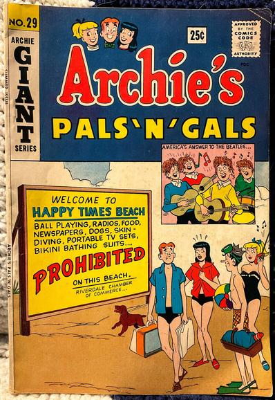 Archie Andrews, Veronica Lodge, Jughead Jones, and Betty Cooper are about to enter the Riverdale beach. Archie is holding a newspaper and a portable TV, Veronica is wearing a bikini and walking her dog, Betty is listening to a transistor radio, and Jughead is carrying a picnic basket, holding a beach ball, and wearing scuba gear. They walk up to a sign which reads…

WELCOME TO HAPPY TIMES BEACH
BALL PLAYING, RADIOS, FOOD, NEWSPAPERS, DOGS, 
SKIN-DIVING, PORTABLE TV SETS, BIKINI BATHING SUITS....
PROHIBITED ON THIS BEACH
- Riverdale Chamber of Commerce