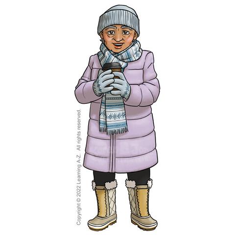An old Latina lady stands holding a to-go coffee cup in both hands.  She is wearing a long lilac puffer coat, tan snow boots, and a set of gloves, hat and scarf with a light gray, white, and blue pattern.