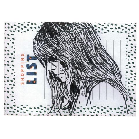 Pen drawing of Jane Asher shirtless and looking down drawn on a shopping list.