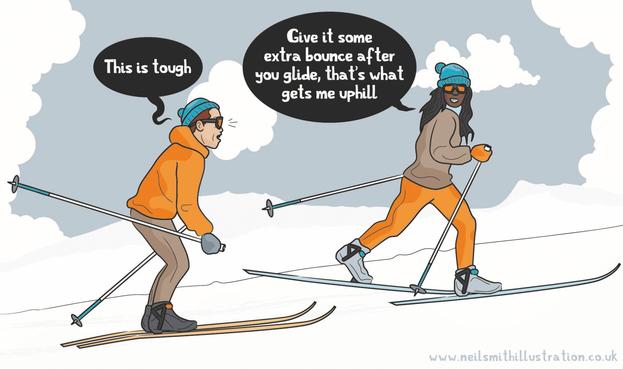 Two cross-country skiers. Left skier saying 'This is tough' and right skier replying 'Give it some extra bounce after you glide, that's what gets me uphill.'