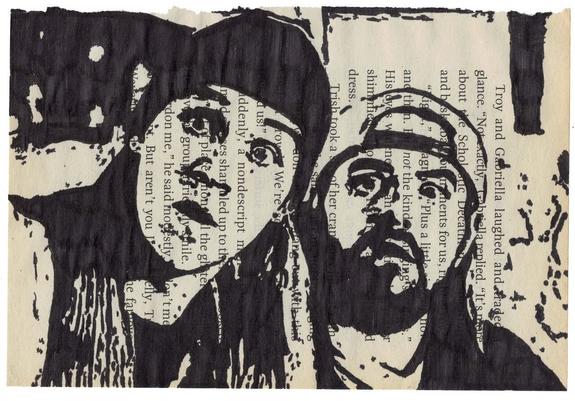 Pen drawing of two stoners looking confused and leaning to get a better look drawn on a torn-out book page.