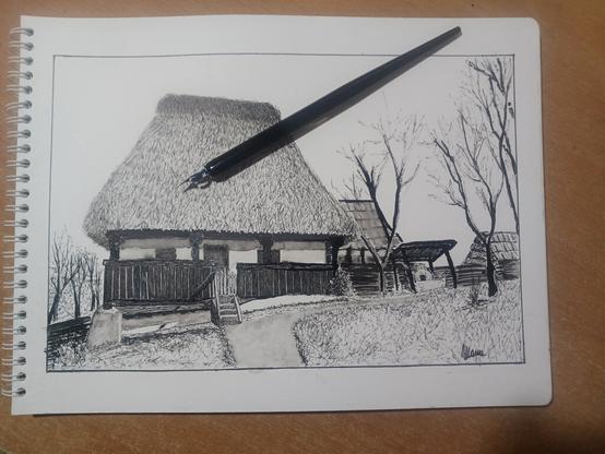A pen and ink sketch of a Romanian traditional thatched house, now part of the "ASTRA" Museum of the Traditional Folk Civilization in Sibiu, Romania.