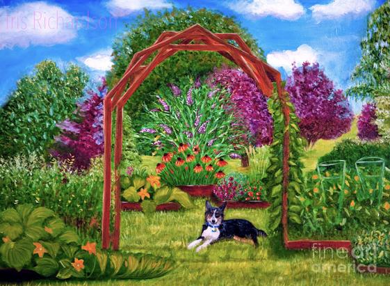 Summer garden with dog is a painting of a garden in full bloom with a wood trellis and an Australian cattle dog. Artist Iris Richardson, gallery pixel.