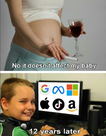 Mother drinking and smoking: No, it doesn't affect my baby.
12 years later: kid using Google, Meta, Microsoft, Apple, TikTok and Amazon services.