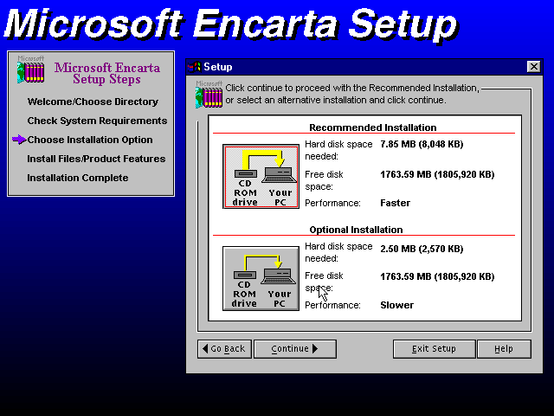 Microsoft Encarta 93 Setup Wizard. Options are present for "Recommended Installation"; 7.85MB(!); and "Optional Installation"; 2.50MB.