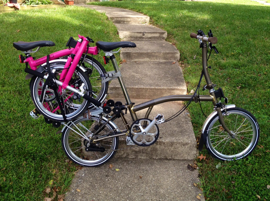 A clear-coat Brompton folding bicycle with rack having a pink, folded Brompton folding bicycle strapped to its rack, rack to rack. The pink bicycle is strapped to the other bicycle's rack with a long, black nylon band with fasteners, going around the frame's main tube and both wheels of the pink bicycle once. Additionally the two racks are bound together with some brown leather bands with belt-like buckles, and the pink bicycle's rear wheel is strapped to the carrying bicycle's seat post twice with a light grey nylon band.

Both bicycles seem to have the same battery tail light mounted at the top end of their seat posts.

Image source: https://i.redd.it/vmysofy8zhx11.jpg