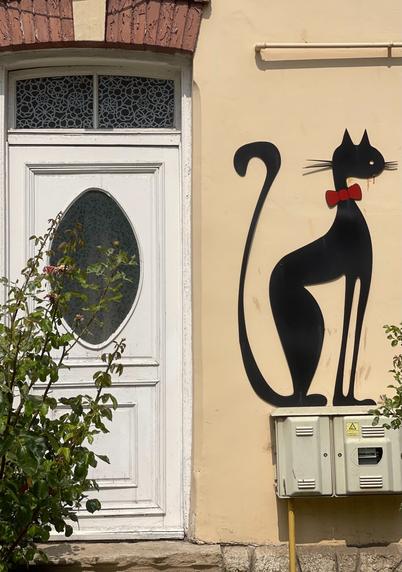 A street-art silhouette of a cool black back with a red bow-tie collar “stands” atop an ugly gas installation next to a doorway.