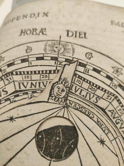 Woodcut dials with several suns telling time in day or night, set to late June