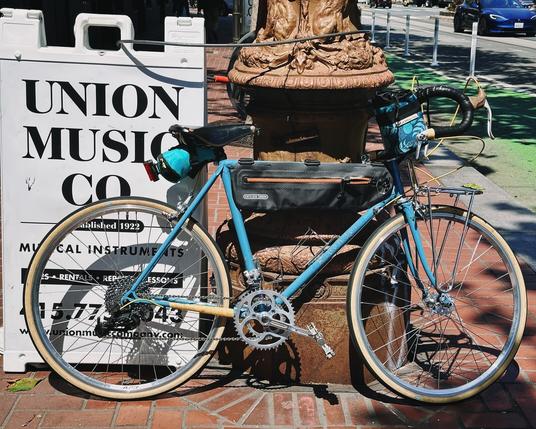 A blue steel Rivendell bike
