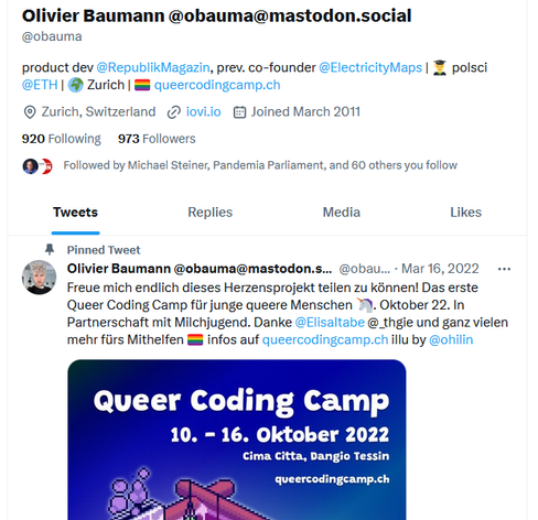 Screenshot von Olivier Baumanns Twitter Account mit dem Mastodon-Handle @obauma@mastodon.social im Titel und einem Pinned Tweet vom 16. März 2016 der das Queer Coding Camp vom Oktober 2022 bewirbt