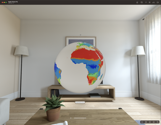 A 3D model of a globe detailing the Köppen climate classification, running inside Apple's Vision Pro simulator.