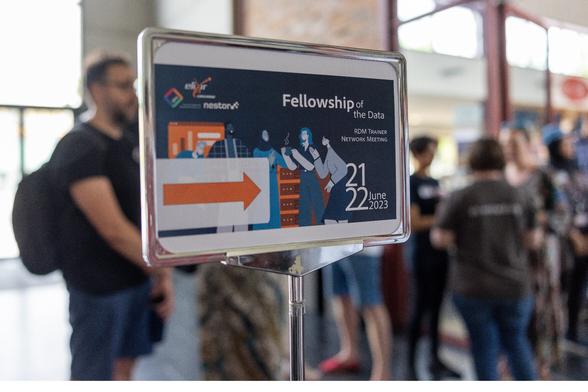 Welcome sign of the Fellowship of Data networking event.