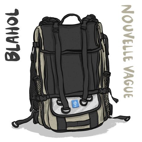 Eine Illustration eines schwarz/beigen Rucksacks.
