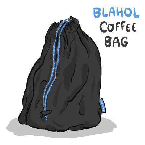 Eine Illustration eines schwarzen Beutels mit blauem Band und Kordelstopper.