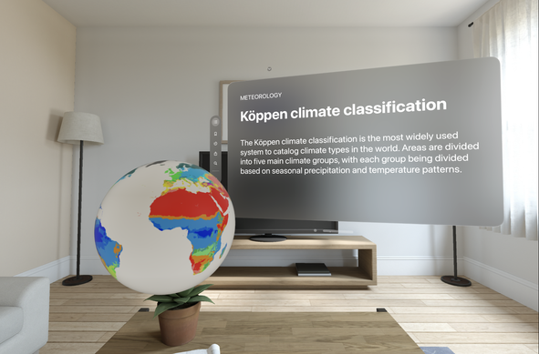 A Vision Pro application, running in a simulator detailing the Köppen climate classification. An app window is shown alongside a 3D globe.