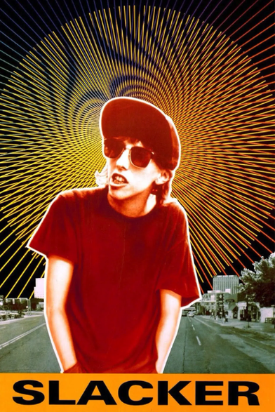 Movie poster for the 1990 film Slackers.  Heavily stylized & treated photo of Teresa Taylor in a hat and sunglasses and hands in pockets on an urban street with a psychedelic pattern imposed on the background.