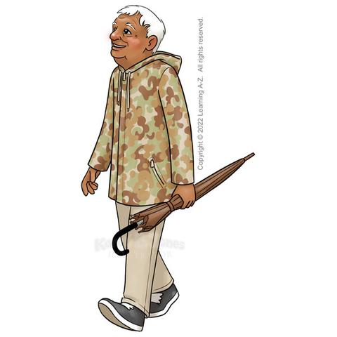 An old Latino man is walking outside.  He is prepared for rain with a camouflage print raincoat, brown umbrella, khaki pants, and black sneakers.  His hair is pure white.