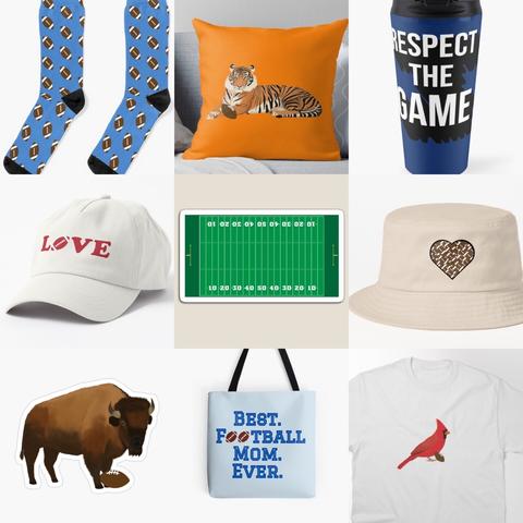 Some of our football designs are shown on a variety of products, including football socks, a tiger playing football on an orange pillow, a respect the game mug, a love football hat, a football field magnet, a heart filled with footballs on a bucket hat. a bison playing football sticker, a best football mom ever tote bag and a cardinal playing football on a T shirt.
