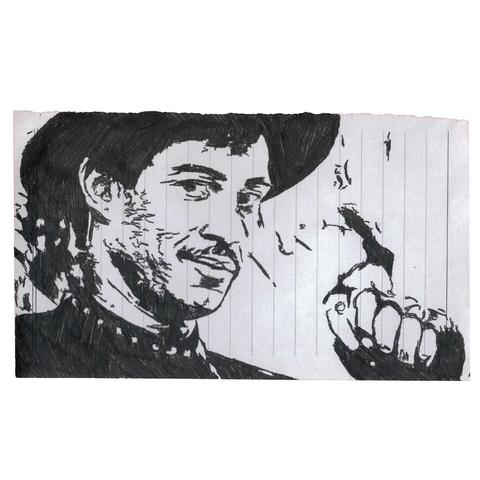 Pen drawing of Shabba Doo smiling on a long notebook sheet.