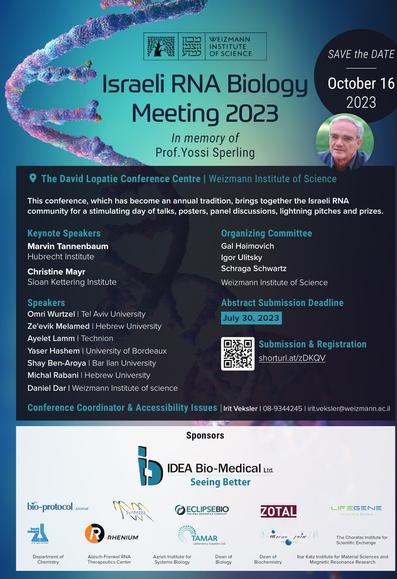The poster for the isrseli RNA biology meeting, featuring tge names of the speakers, organizing committee and logos of the sponsors.