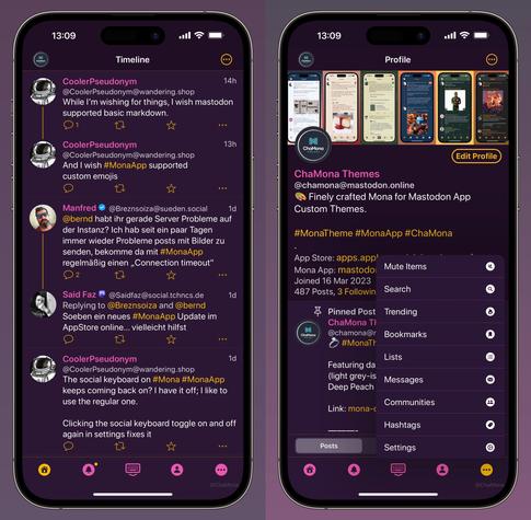 iPhone screenshots of Mona App for Mastodon custom theme called ‘Dark Royal Purple’: Featuring: Dark Royal Purple background, Royal Gold for links, Royal Pink for accent and username.