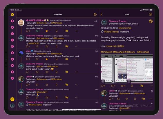 iPad screenshot of Mona App for Mastodon custom theme called ‘Dark Royal Purple’: Featuring: Dark Royal Purple background, Royal Gold for links, Royal Pink for accent and username.