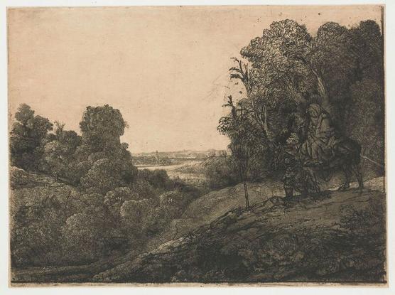 The Flight into Egypt, on a Plate by Segers, Rembrandt van Rijn, c. 1653