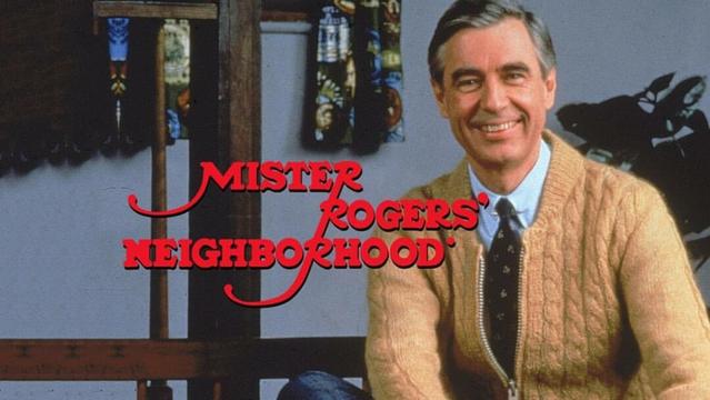 Mister Rogers, a friendly man in a sweater, and the opening titles for his show, Mister Rogers' Neighborhood