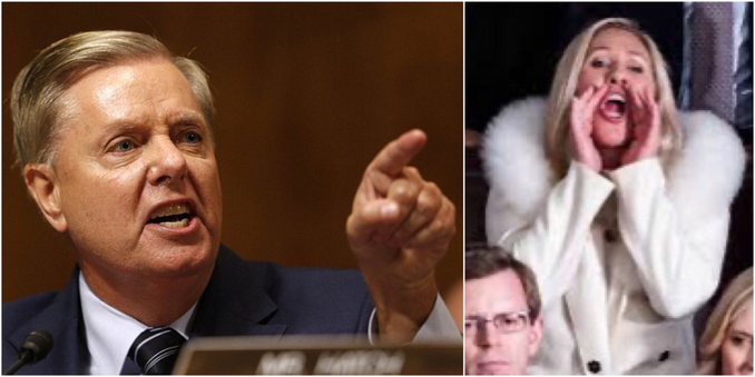 Two photos: (Left) Senator Lindsey Graham — looking to his left — angrily saying something, while snarling and apparently pointing at someone; (Right)rep. Marjorie Taylor Greene, standing in the audience during a Biden State of the Union address, and shouting, “Liar!” At President Biden as he speaks.