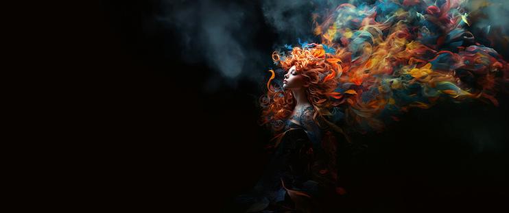 glorious woman with red hair, she's looking on the left and her hairs transform in colorful smoke and leaves. The black background make the contrast popping out.