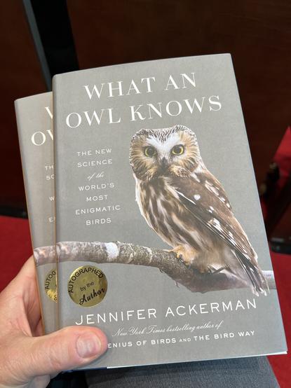 Photo of book covers titled "What an Owl Knows" by Jennifer Ackerman.
