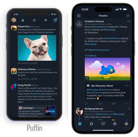 iPhone screenshot of Mona App for Mastodon custom theme called Monarrific-Puffin, inspired by the Icon Factory’s Twitterrific Dark Mode Theme called Puffin. Featuring Dark Gunmetal (Very Dark - mostly black - blue) for the background, grayish blue text. Pictionary Blue (soft blue) for the accent and link colours.