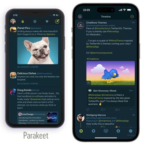 iPhone screenshot of Mona App for Mastodon custom theme called Monarrific-Parakeet, inspired by the Icon Factory’s Twitterrific Dark Mode Theme called Parakeet. Featuring Maastricht Blue (very dark cyan) background, grayish blue text. Dark Lemon Lime (Strong yellow) for the accent and link colours.