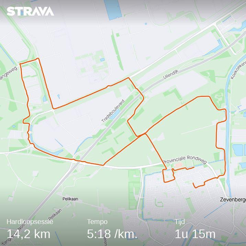 Hardlooproute aangegeven met een oranje lijn op de kaart van Zevenbergen en omgeving.