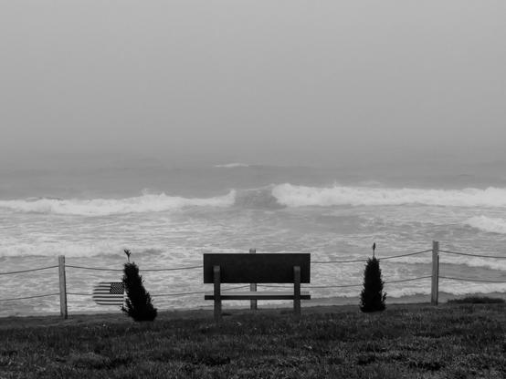 A black and white photograph from behind of a bench, sitting on a grassy area, looking out over the incoming surf during a rainstorm. The incoming wave has broken, except in the middle, lining up with the bench, so that one area isn’t white. Two small evergreens bookend the bench, and a small American flag is stick in the ground next to the left shrub, the flag blown straight out by the wind, pointing to the left edge of the frame.

A series of wooden posts line the sea wall, invisible below, with two ropes running between them as a “barrier”.