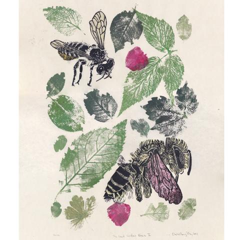 My print features two large linocuts of two leaf cutter bees: Megachile relativa and Megachile brevis. These linocuts are made on collaged Japanese washi papers and cellophane to capture the colours in their bodies and wings. Each print has its own array of leaf and petal prints from leaves and petals used by leaf cutter bees from my garden. The plants used include raspberries, roses (leaves and petals), lily of the valley, lilac, lemon balm, ash, thicket creeper, round-leaved Crane's bill and more. Each print is 17" tall by 12.5" wide (43.2 cm by 31.8 cm).