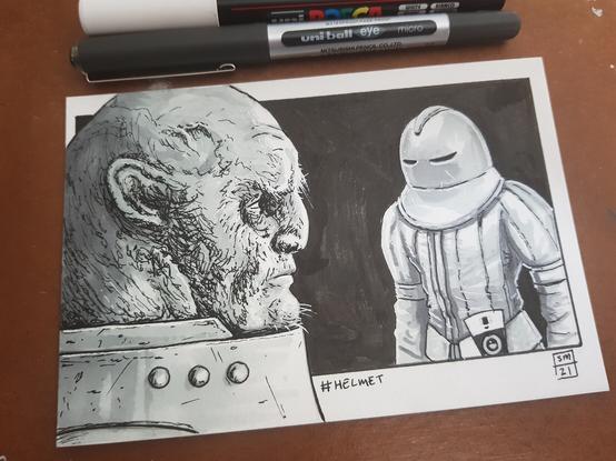 A photo of an ink drawing on a postcard. The drawing has a side portrait of a Sontaran on the left side of the image scowling to the right. A potato like head and wrinkle frown and tufts of hair. On the right side is a sontaran standing with their helmet on and body armour in a classic who design.