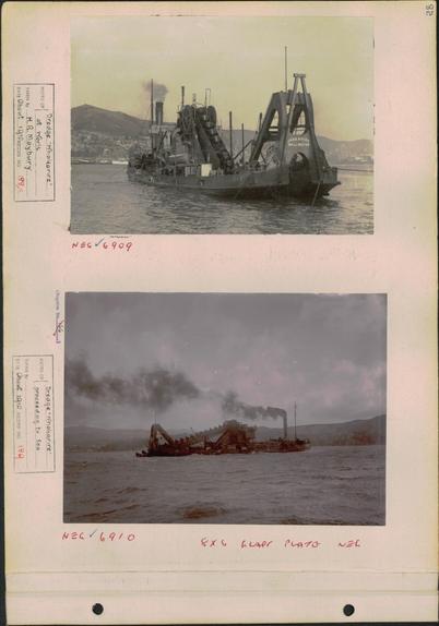 Two black-and-white photos: top photo, dredge “Whakarire” at work; bottom photo, dredge “Whakarire” proceeding to sea. ca. 1910s? Wellington City Council Archives, AC132-11-Page 82. https://archivesonline.wcc.govt.nz/nodes/view/881415