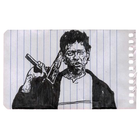 Pen drawing of a man wearing a jacket and holding a gun drawn on a torn-out spiral notebook page.